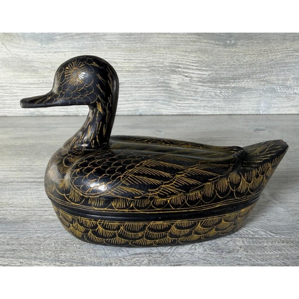 Vtg Duck Etched Lacquerware Trinket Box Container Hand Painted Thailand 5" *READ